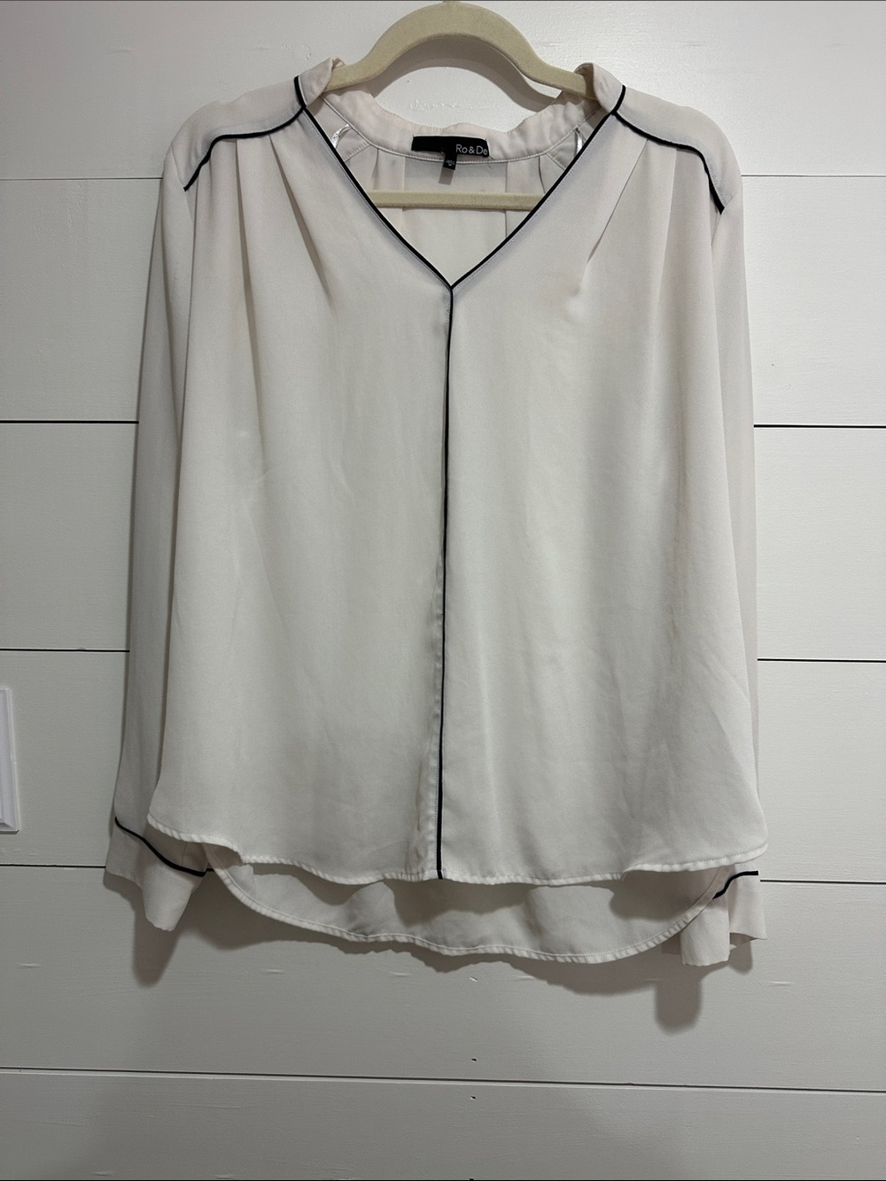 White V-Neck Blouse with Black Piping Size Medium
